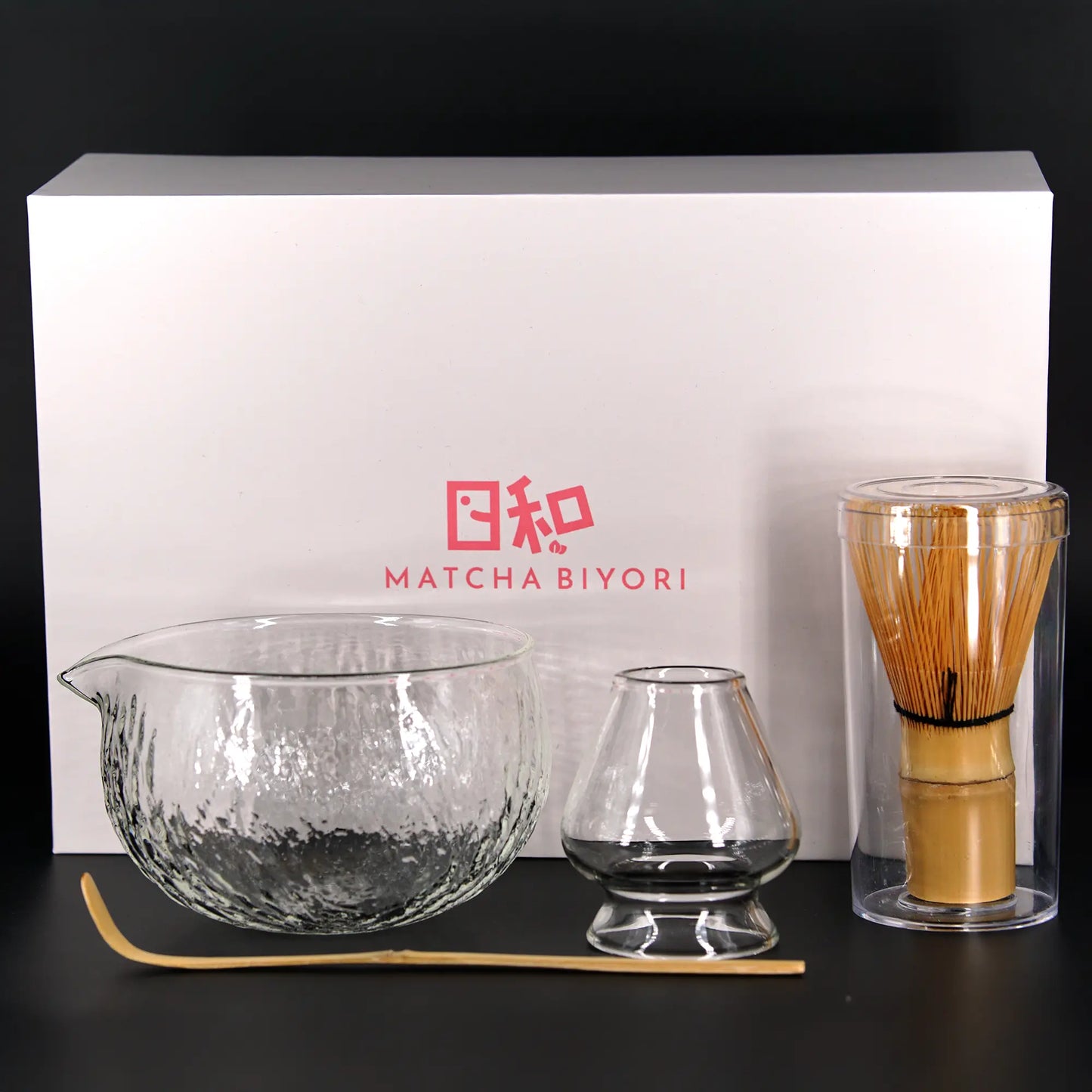Matcha Starter Set – Glass Chawan, Bamboo Chasen & Chashaku, Whisk Holder