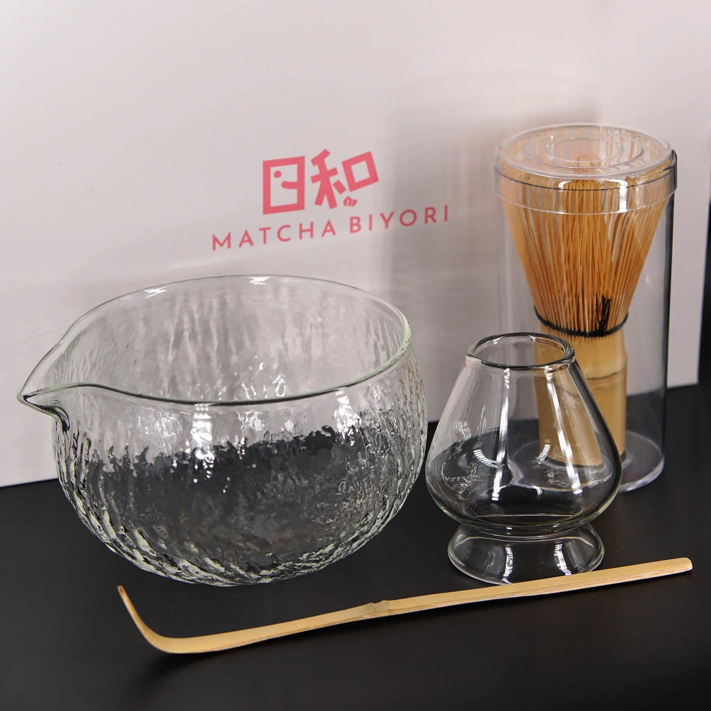 Matcha Starter Set – Glass Chawan, Bamboo Chasen & Chashaku, Whisk Holder