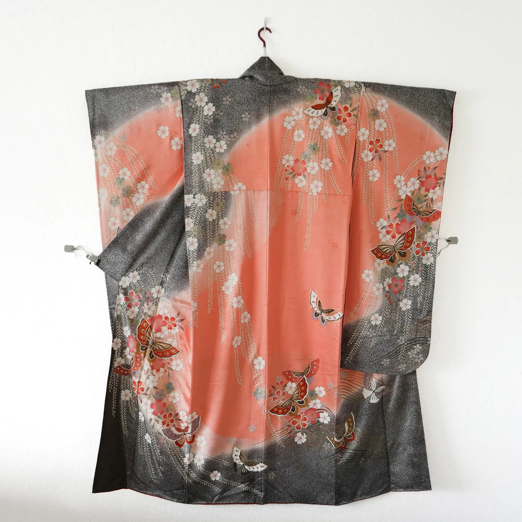 Furisode (Awase) – Silk – Sakura & Butterflies – Blush→Red Gradient – 163/67.5/105
