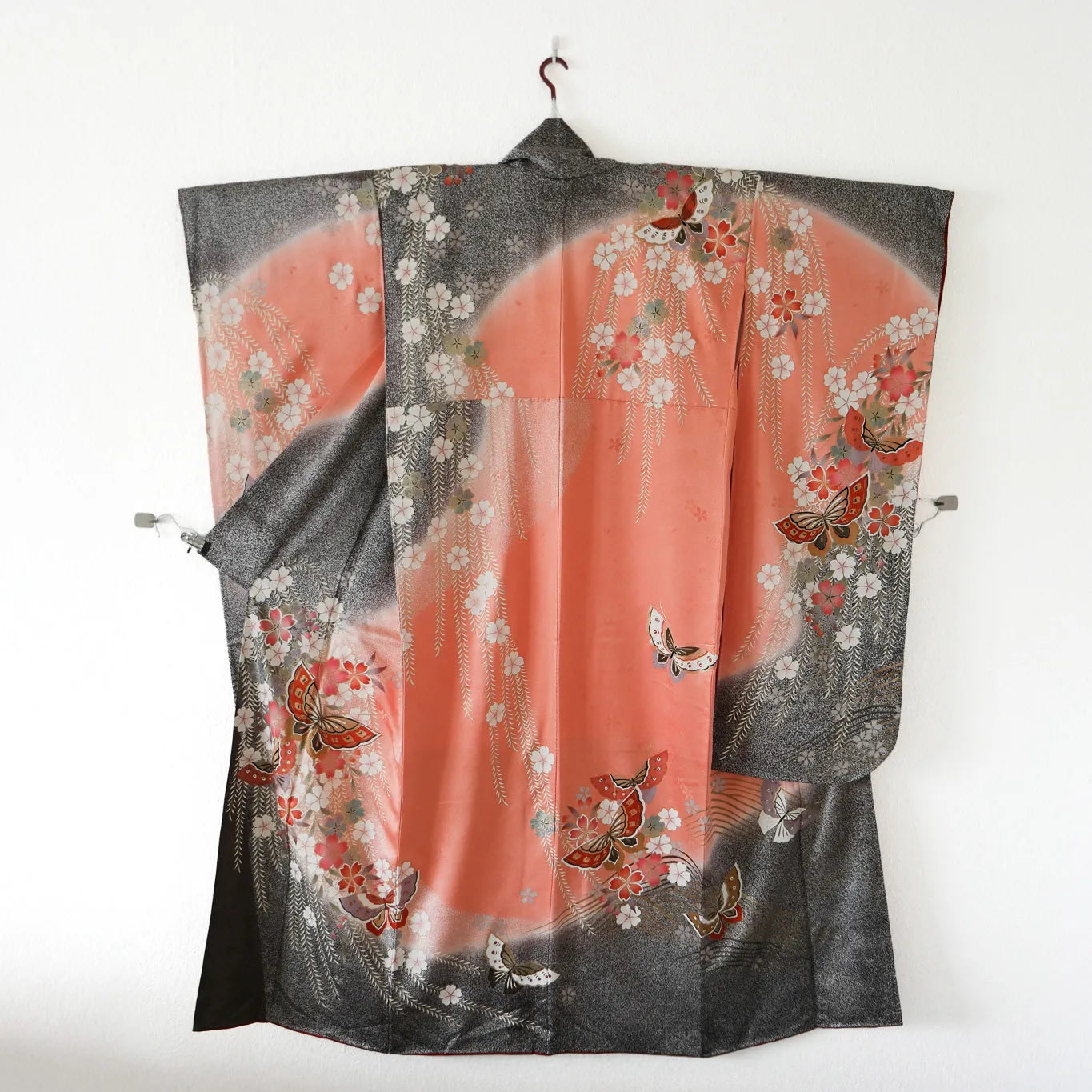 Furisode (Awase) – Silk – Sakura & Butterflies – Blush→Red Gradient – 163/67.5/105