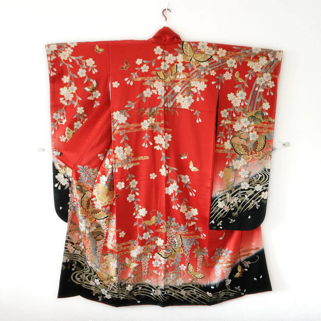 Furisode (Awase) – Silk – Sakura Bokashi, Black Ombré Hem – Red – 147/65/104