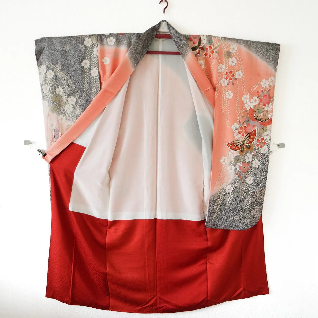 Furisode (Awase) – Silk – Sakura & Butterflies – Blush→Red Gradient – 163/67.5/105