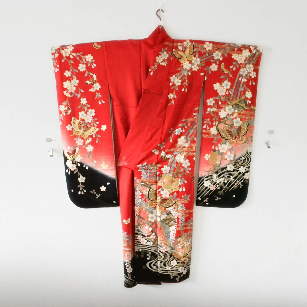 Furisode (Awase) – Silk – Sakura Bokashi, Black Ombré Hem – Red – 147/65/104