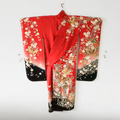 Furisode (Awase) – Silk – Sakura Bokashi, Black Ombré Hem – Red – 147/65/104