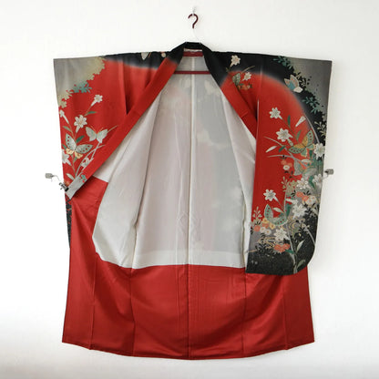 Furisode (Awase) – Pure Silk – Butterflies & Lilies – Red×Black – 153/65.5/107