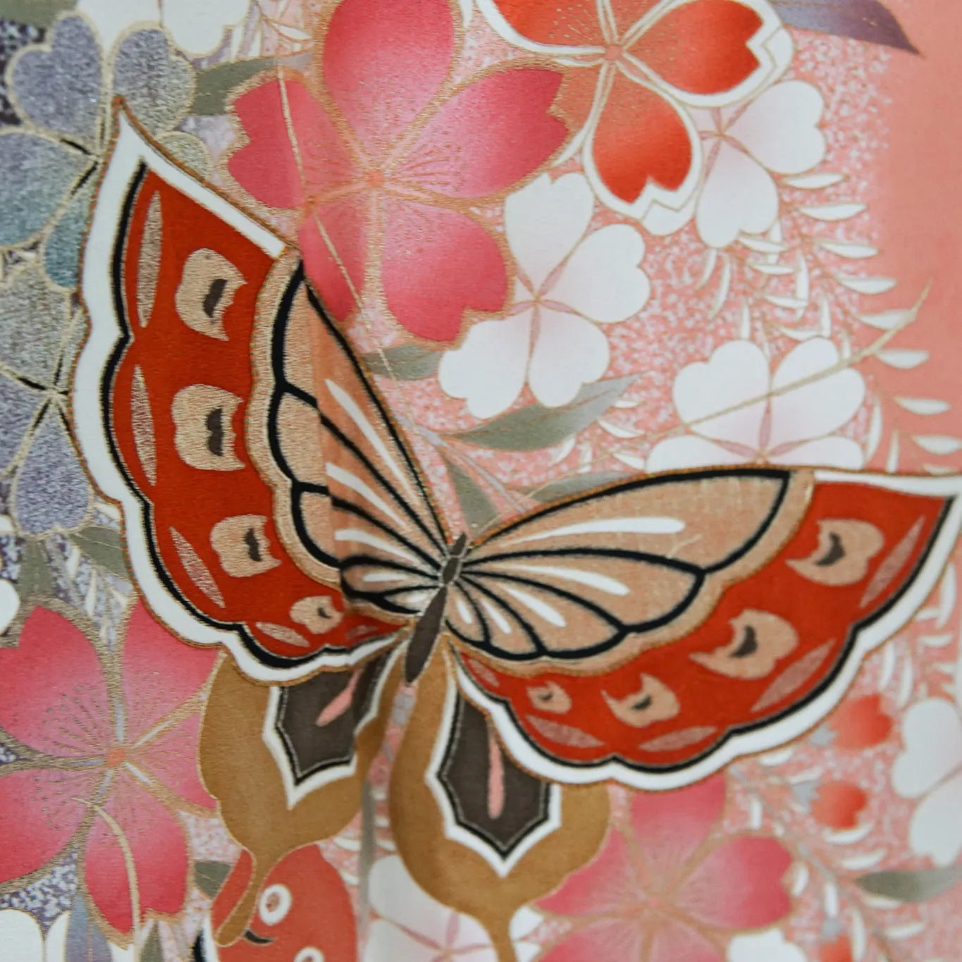 Furisode (Awase) – Silk – Sakura & Butterflies – Blush→Red Gradient – 163/67.5/105