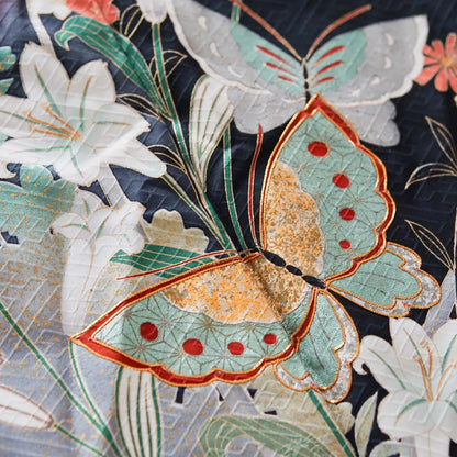 Furisode (Awase) – Pure Silk – Butterflies & Lilies – Red×Black – 153/65.5/107