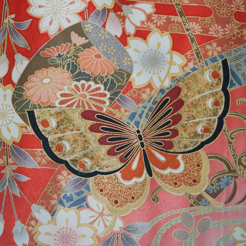 Furisode (Awase) – Silk – Sakura Bokashi, Black Ombré Hem – Red – 147/65/104