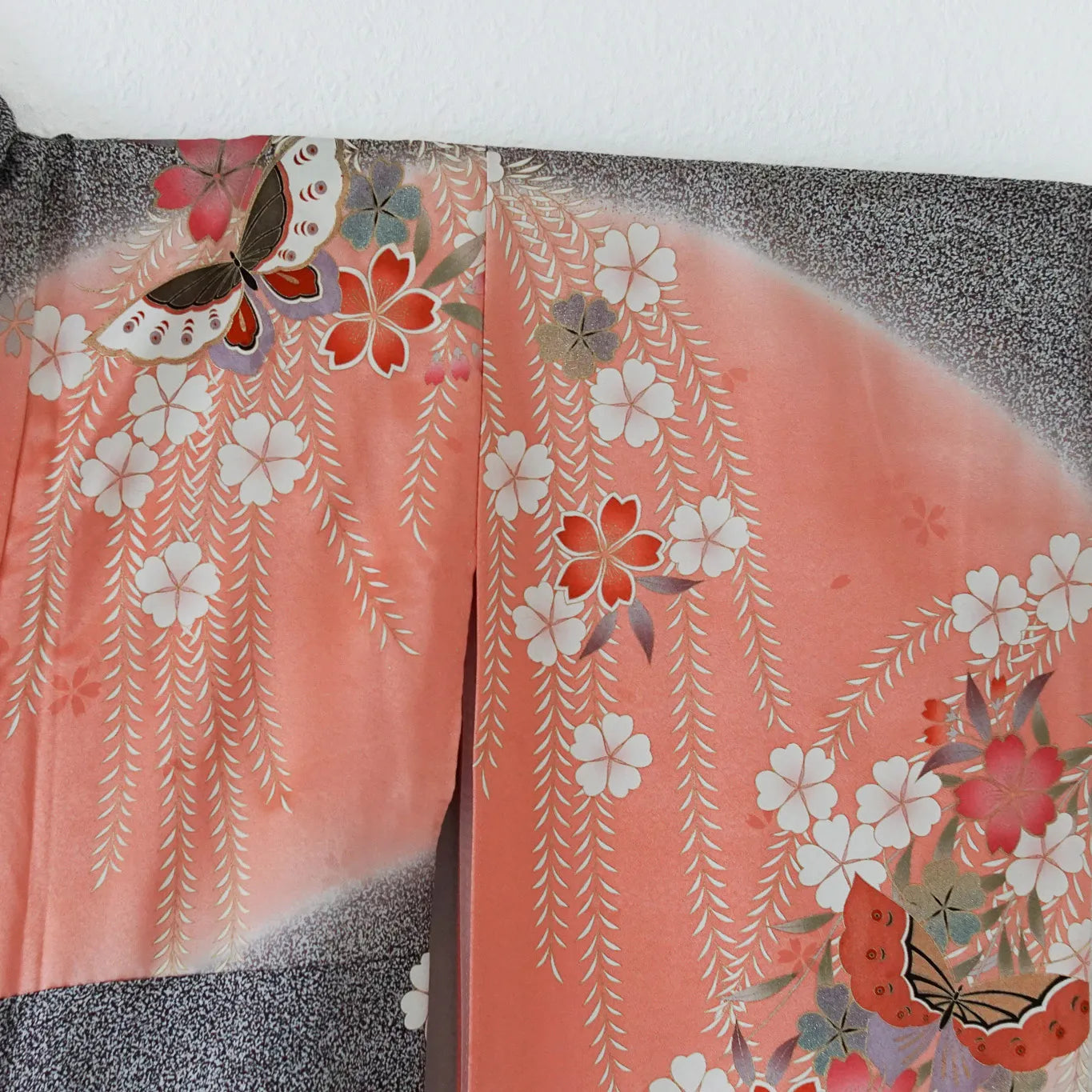 Furisode (Awase) – Silk – Sakura & Butterflies – Blush→Red Gradient – 163/67.5/105