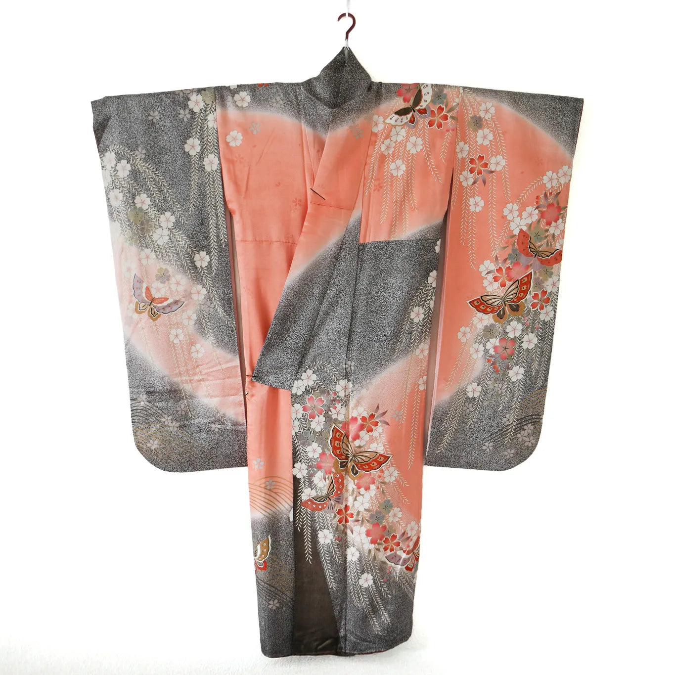 Furisode (Awase) – Silk – Sakura & Butterflies – Blush→Red Gradient – 163/67.5/105