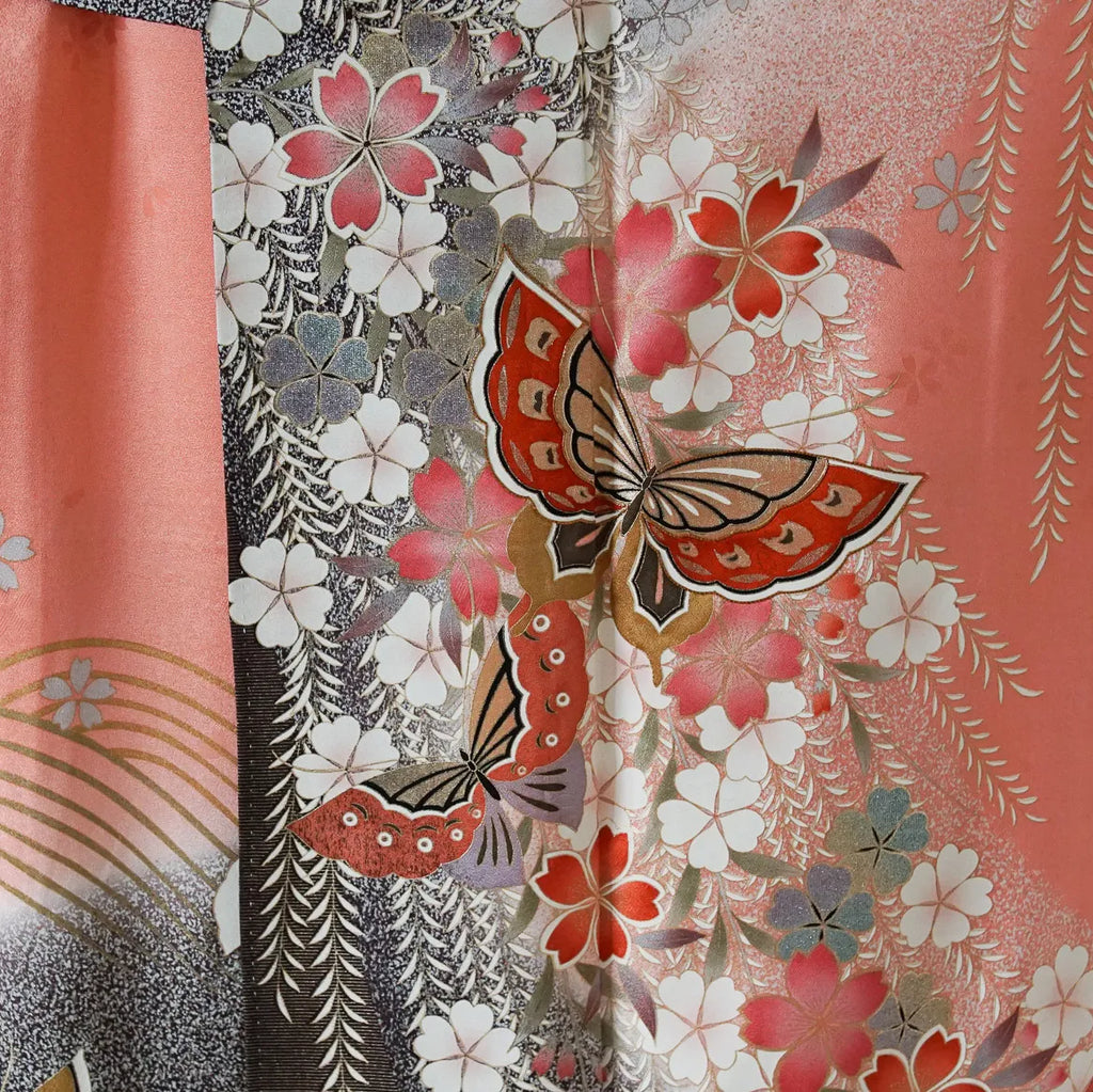 Furisode (Awase) – Silk – Sakura & Butterflies – Blush→Red Gradient – 163/67.5/105
