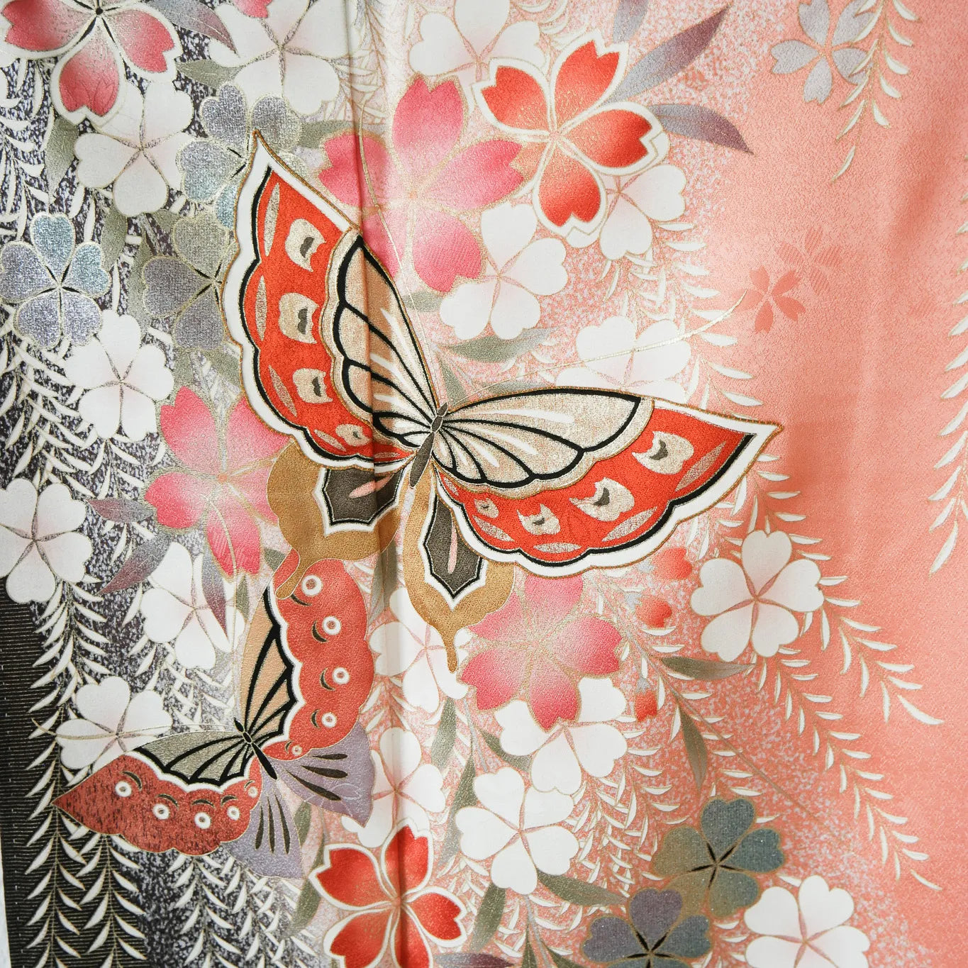 Furisode (Awase) – Silk – Sakura & Butterflies – Blush→Red Gradient – 163/67.5/105