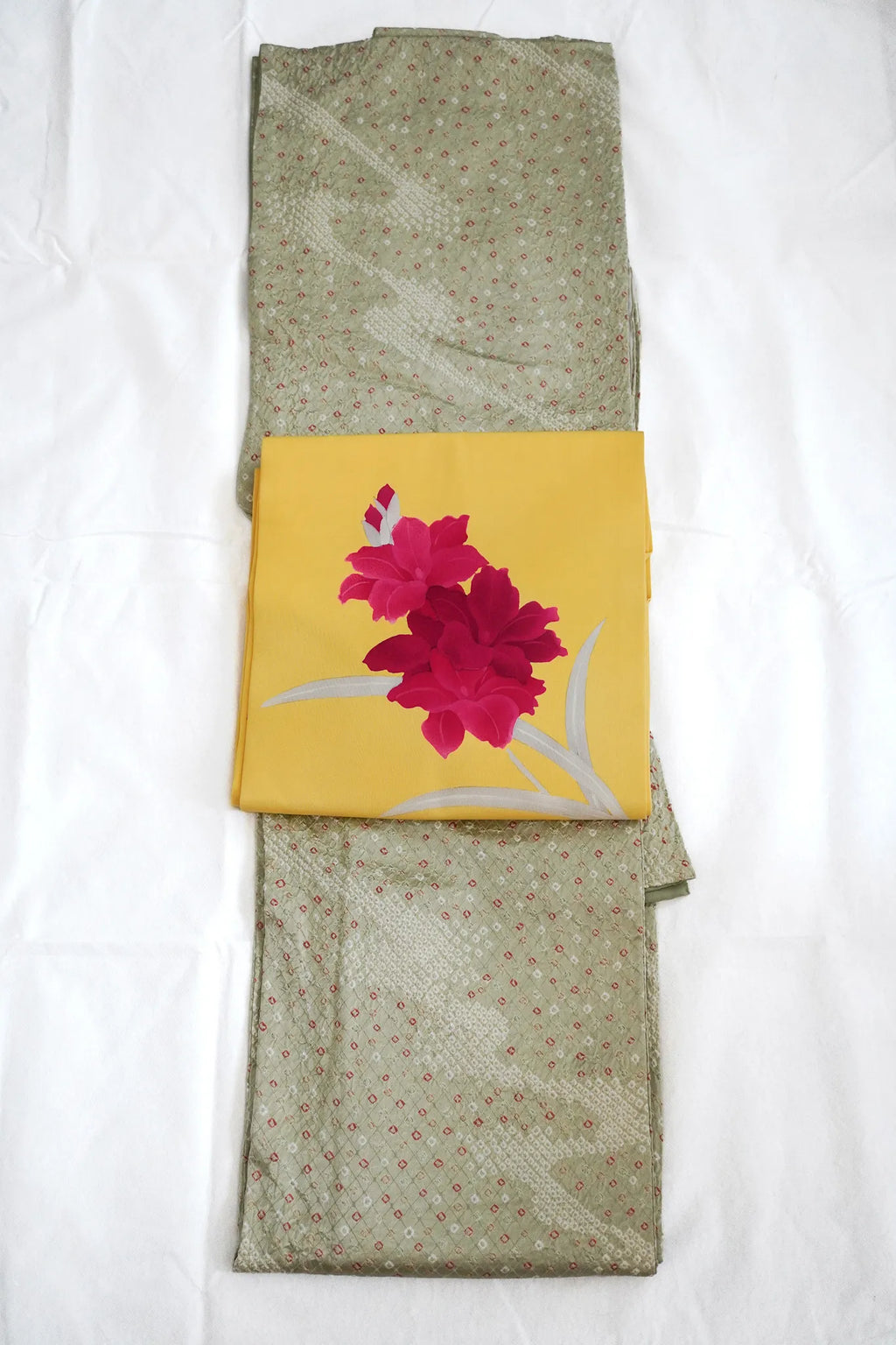 Muted Olive Full Shibori Komon Kimono with Vivid Yellow Floral Nagoya Obi