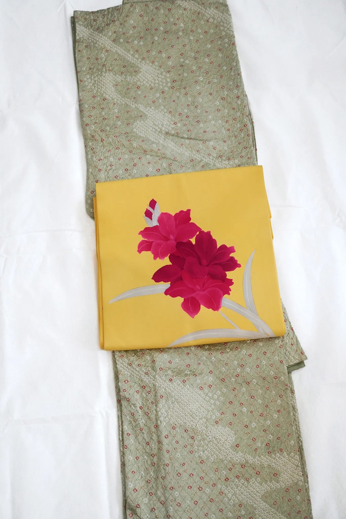 Muted Olive Full Shibori Komon Kimono with Vivid Yellow Floral Nagoya Obi