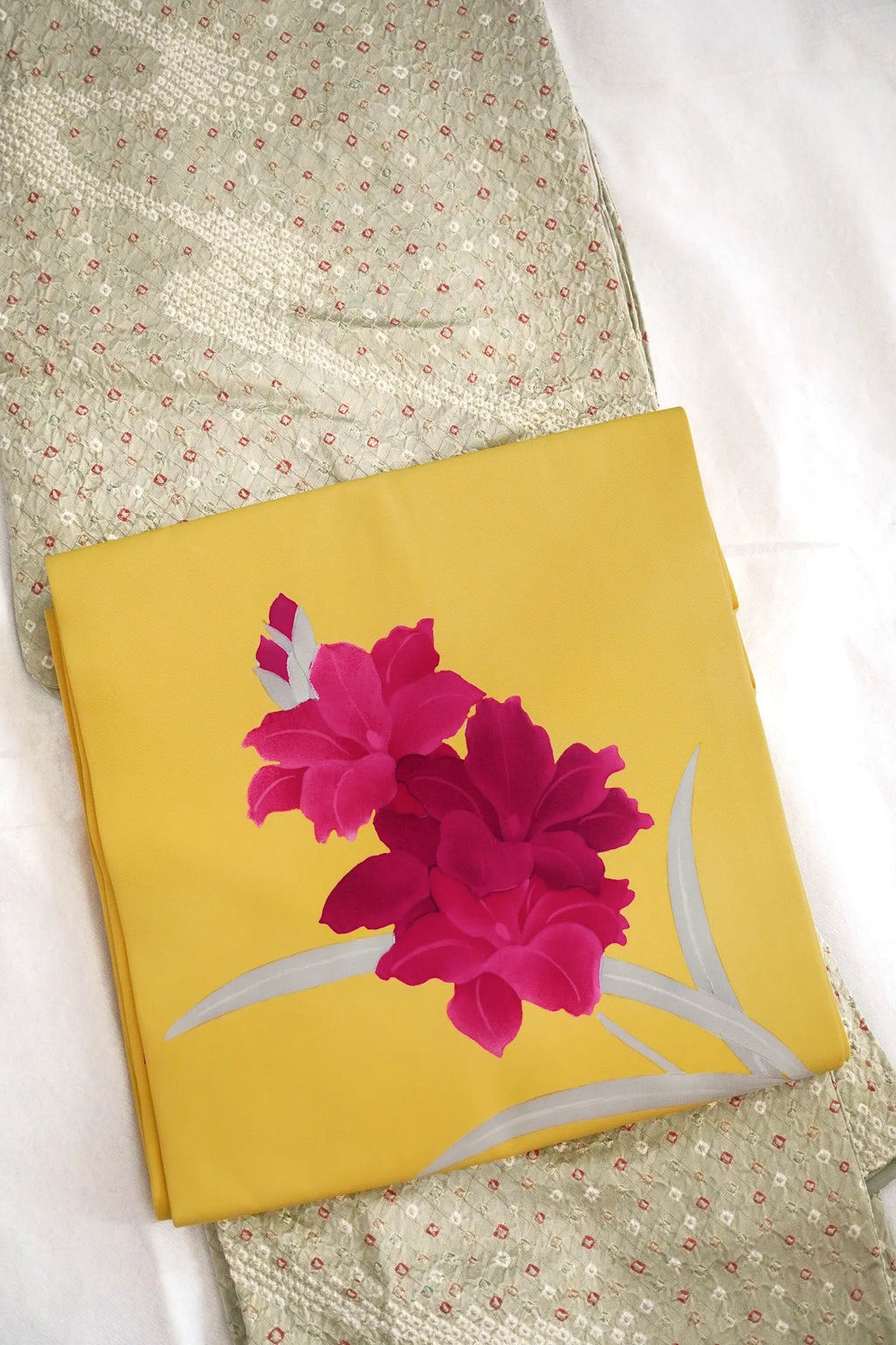 Muted Olive Full Shibori Komon Kimono with Vivid Yellow Floral Nagoya Obi