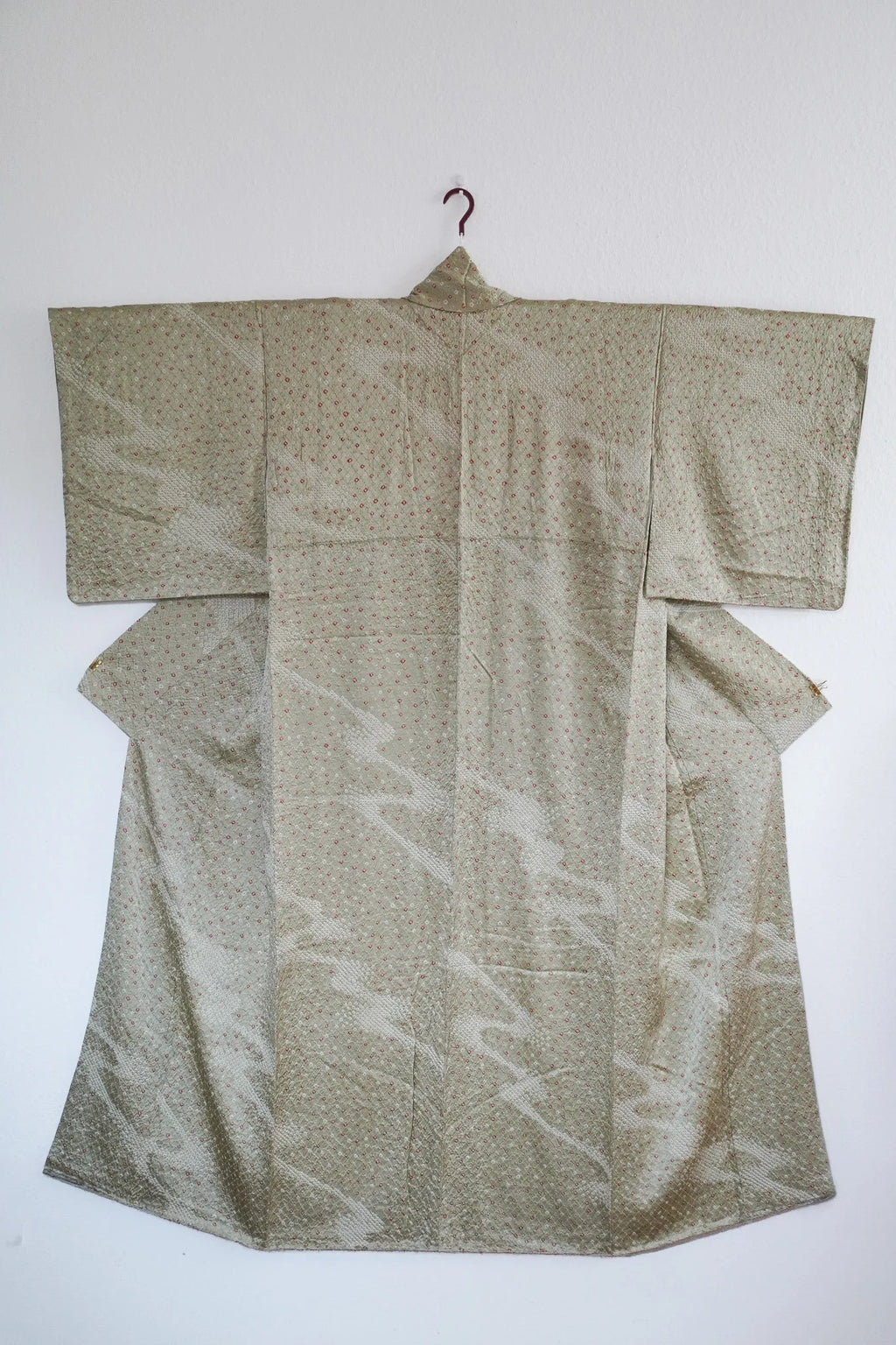 Muted Olive Full Shibori Komon Kimono with Vivid Yellow Floral Nagoya Obi