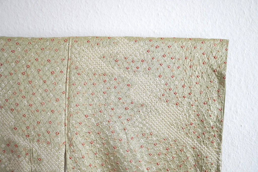 Muted Olive Full Shibori Komon Kimono with Vivid Yellow Floral Nagoya Obi