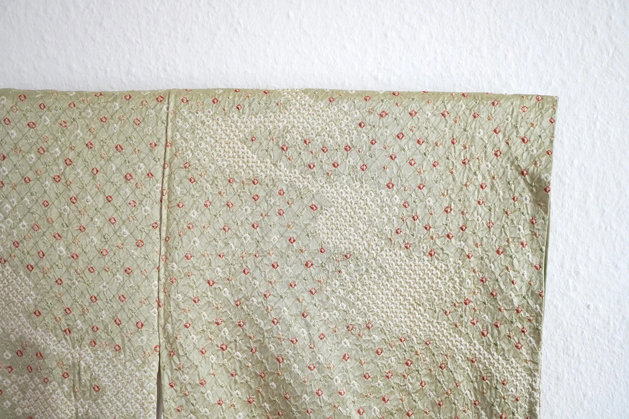 Muted Olive Full Shibori Komon Kimono with Vivid Yellow Floral Nagoya Obi