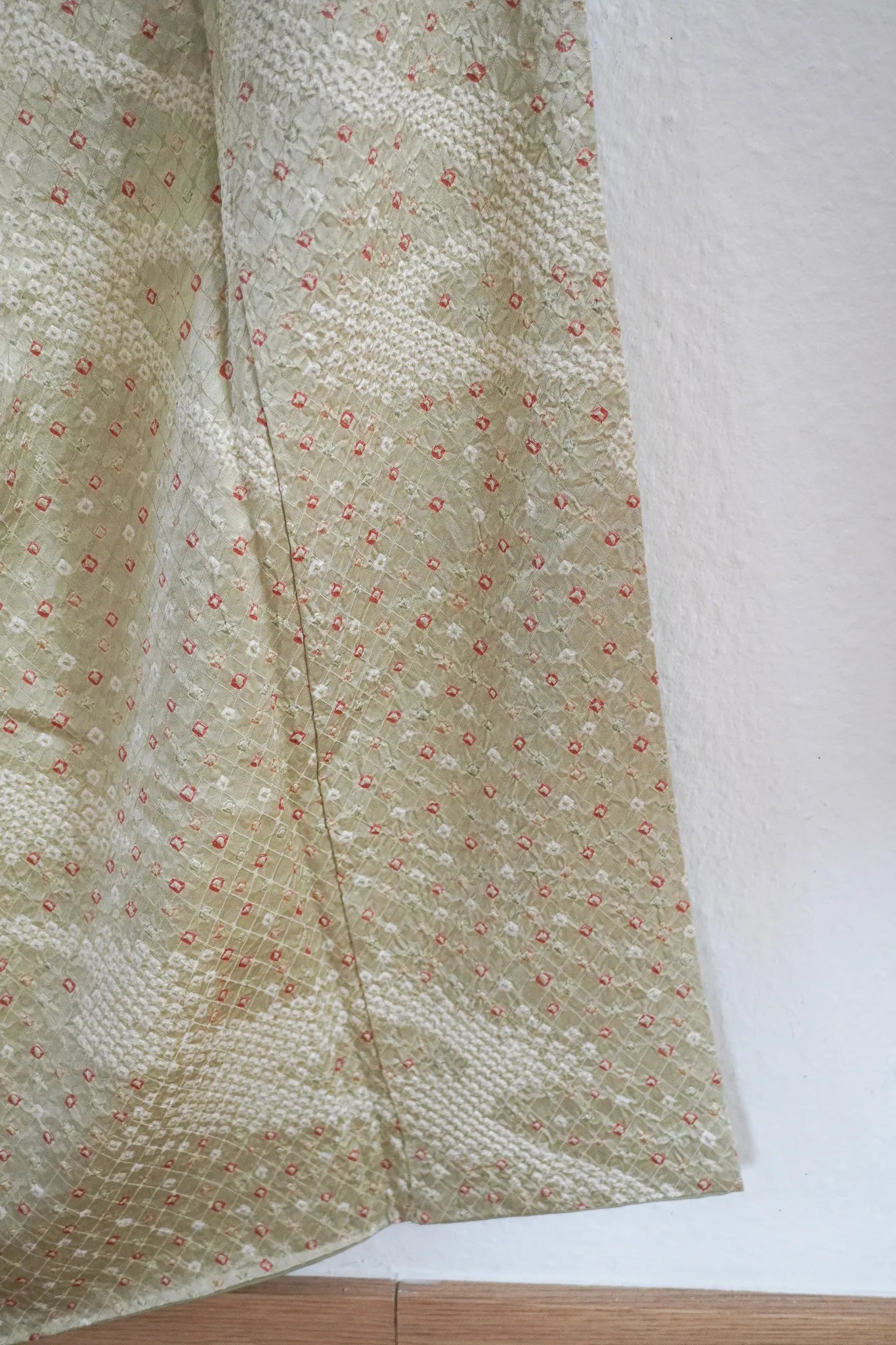 Muted Olive Full Shibori Komon Kimono with Vivid Yellow Floral Nagoya Obi