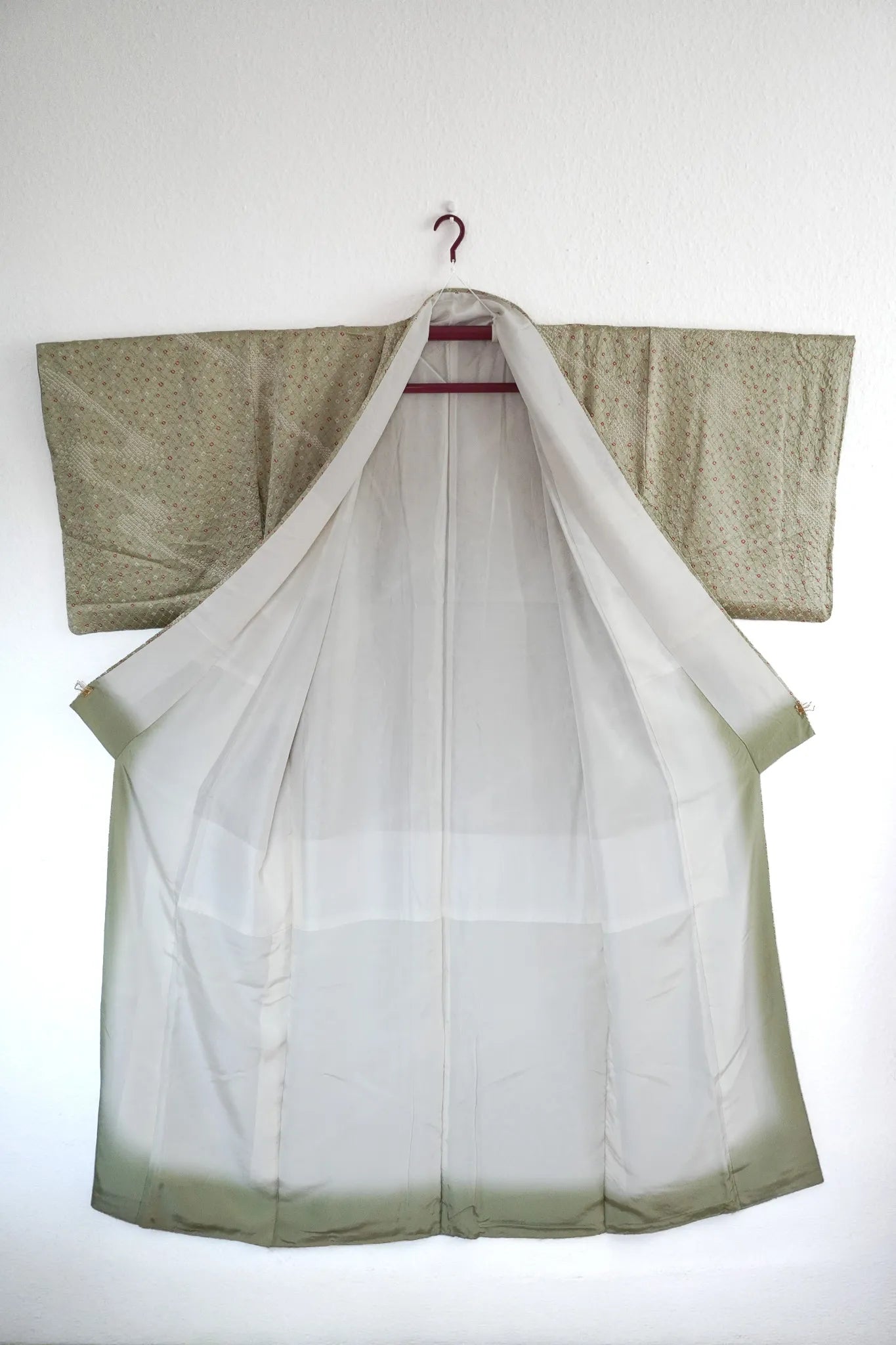 Muted Olive Full Shibori Komon Kimono with Vivid Yellow Floral Nagoya Obi