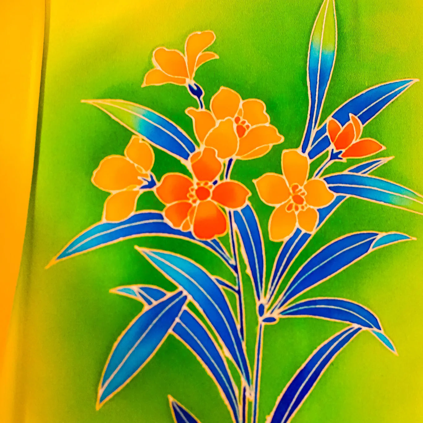 Kaga Yuzen Tsukesage Kimono – Oleander (Kyōchikutō) – Yellow/Green – 154cm/62cm