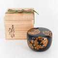 Hanamaru Hira-natsume – Black Lacquer Tea Caddy with Gold Maki-e Floral Crests