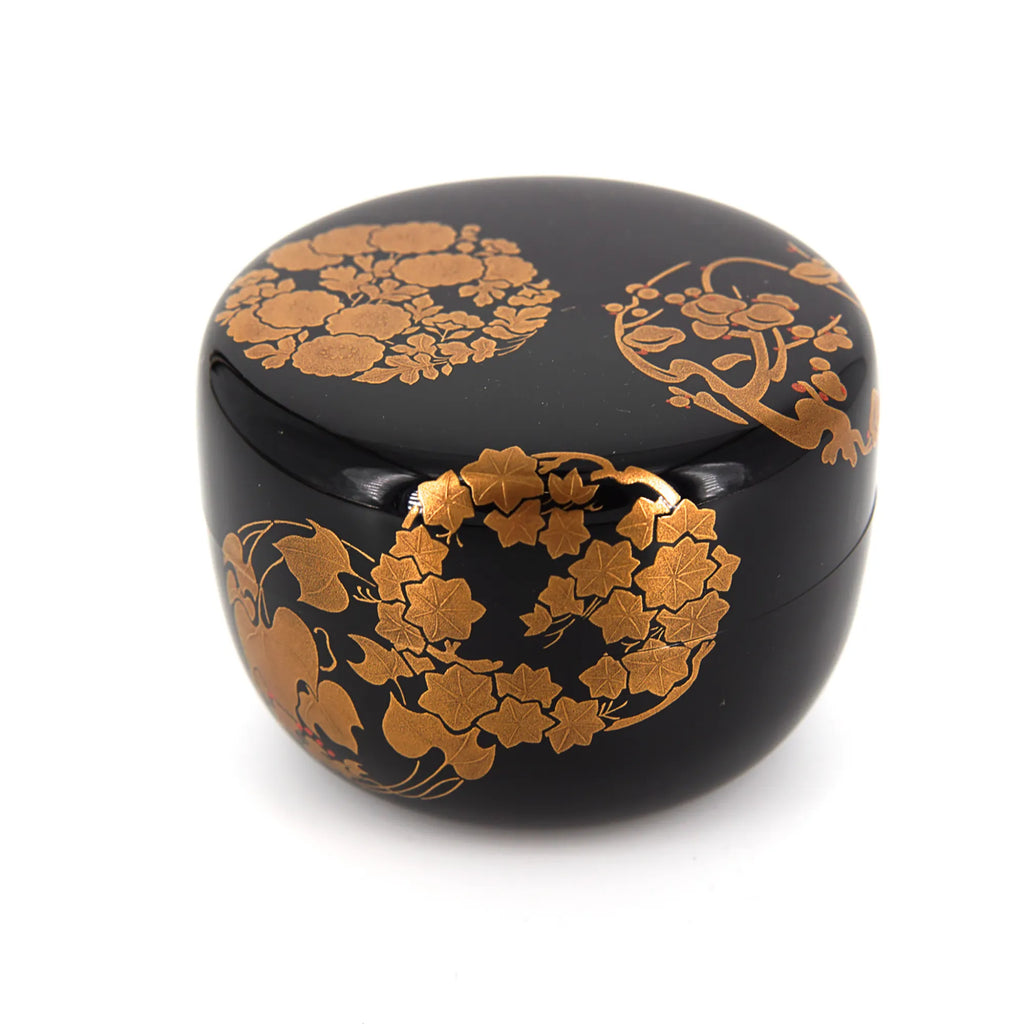 Hanamaru Hira-natsume – Black Lacquer Tea Caddy with Gold Maki-e Floral Crests