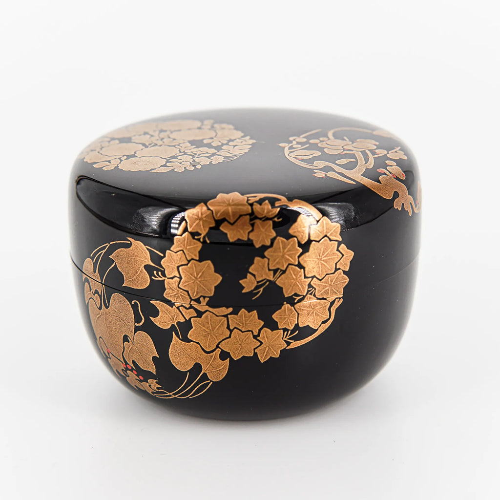 Hanamaru Hira-natsume – Black Lacquer Tea Caddy with Gold Maki-e Floral Crests