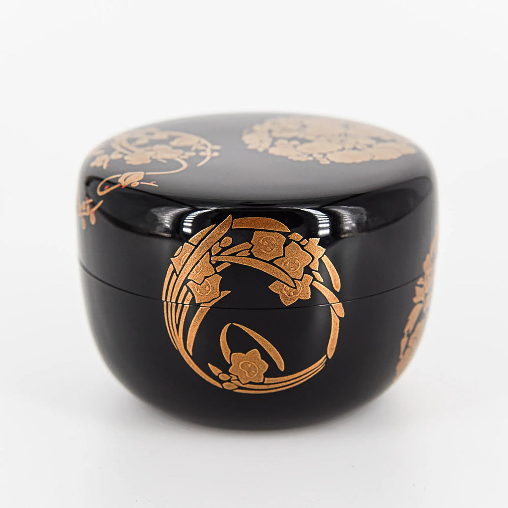 Hanamaru Hira-natsume – Black Lacquer Tea Caddy with Gold Maki-e Floral Crests