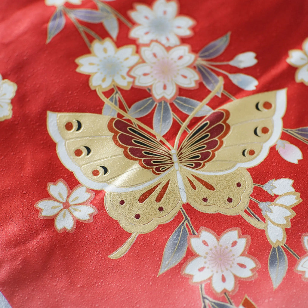 Furisode (Awase) – Silk – Sakura Bokashi, Black Ombré Hem – Red – 147/65/104