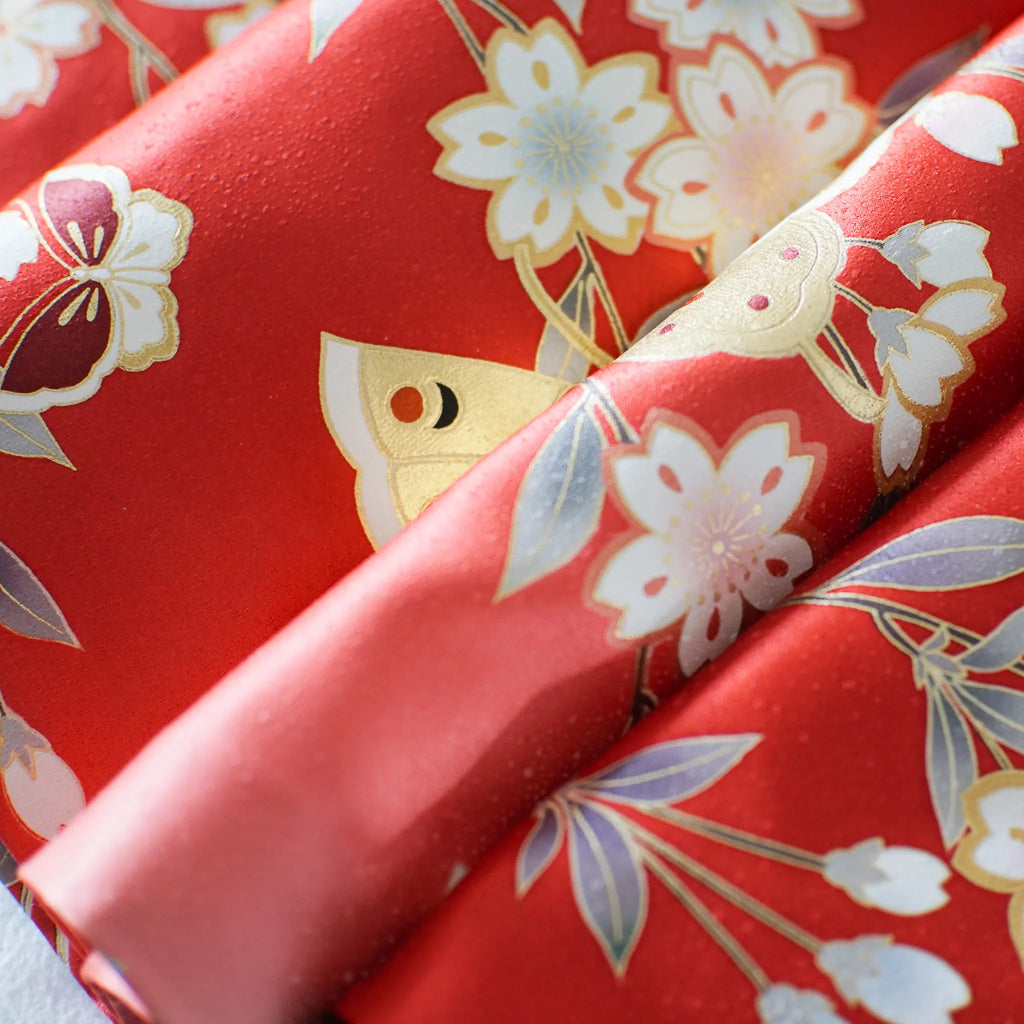 Furisode (Awase) – Silk – Sakura Bokashi, Black Ombré Hem – Red – 147/65/104