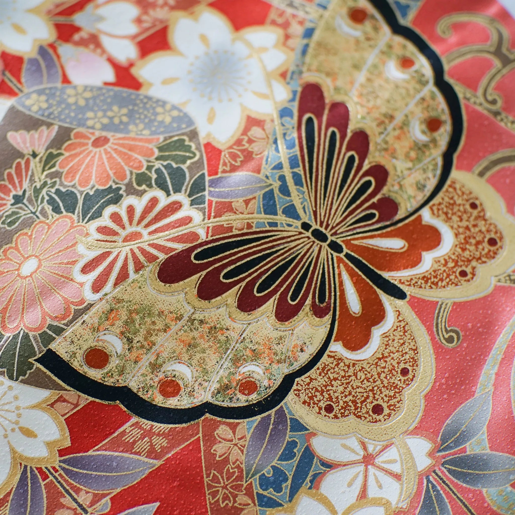 Furisode (Awase) – Silk – Sakura Bokashi, Black Ombré Hem – Red – 147/65/104