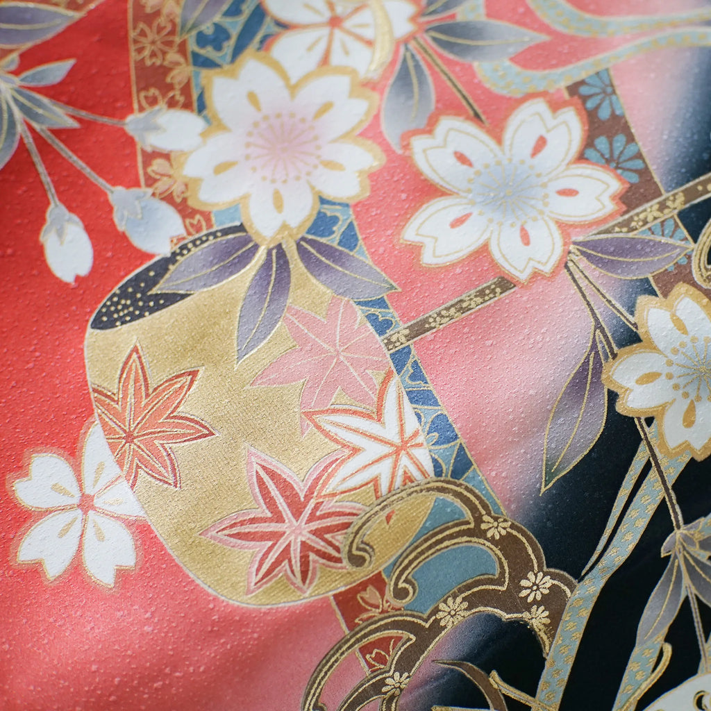 Furisode (Awase) – Silk – Sakura Bokashi, Black Ombré Hem – Red – 147/65/104