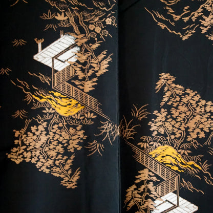 Komon (Awase) – Tsumugi Silk Blend – Scenic Landscape, Taishō Roman – Black×Bronze – 151.5/63/48.5