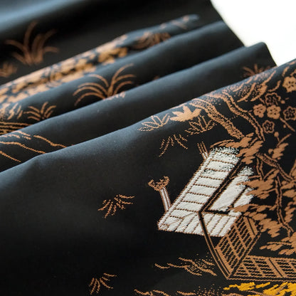 Komon (Awase) – Tsumugi Silk Blend – Scenic Landscape, Taishō Roman – Black×Bronze – 151.5/63/48.5