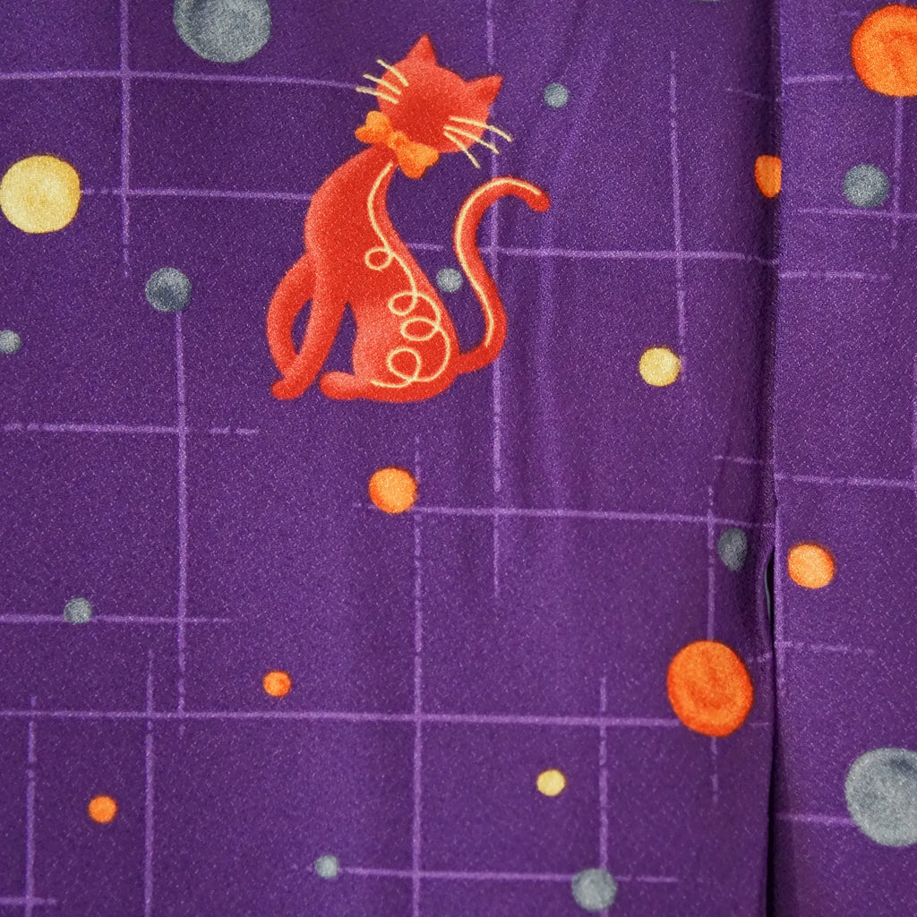 Komon (Awase) – Washable Kimono – Red Cats in Space (Purple) – 162/66.5
