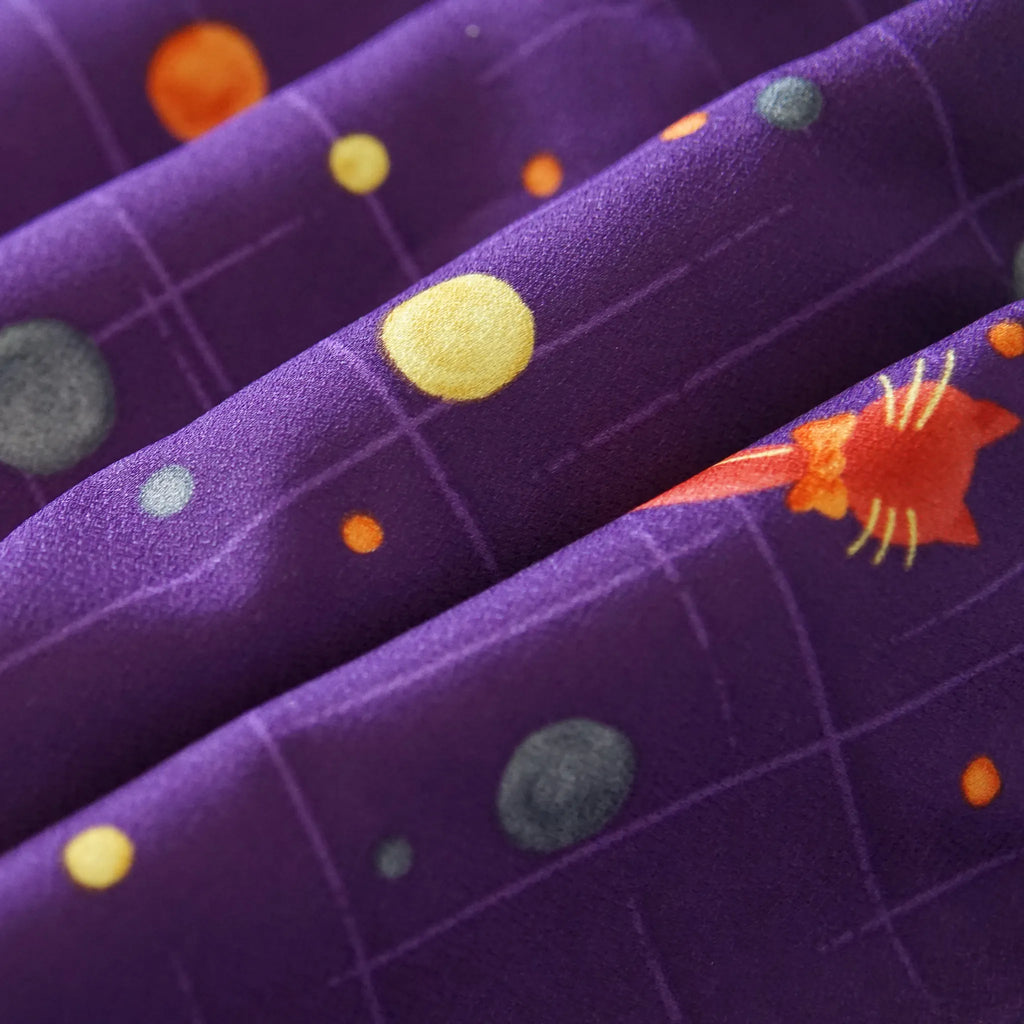 Komon (Awase) – Washable Kimono – Red Cats in Space (Purple) – 162/66.5