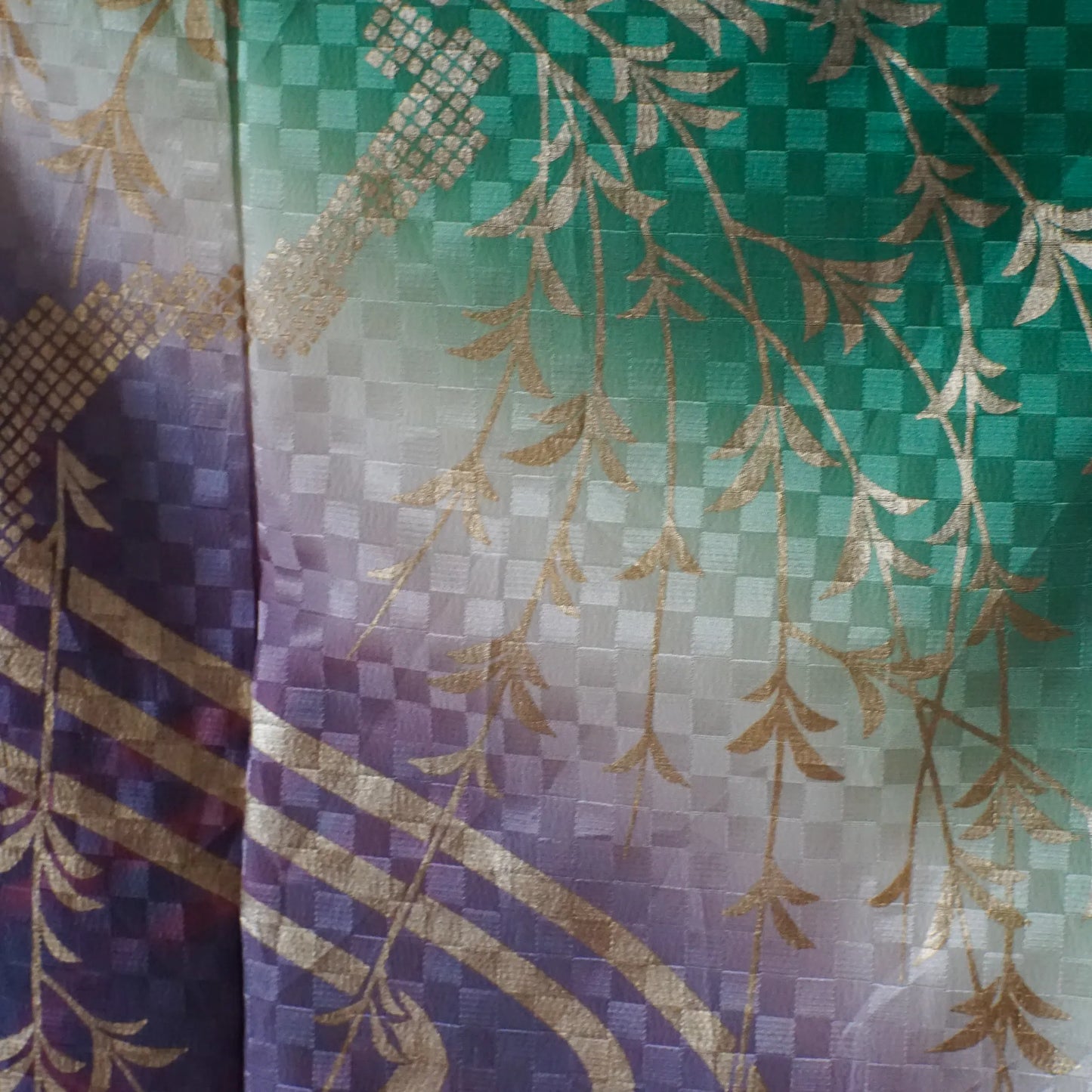 Hōmongi – Washable Kimono – Gold Willows & Bridge – Green×Purple Gradient – 153/64/53