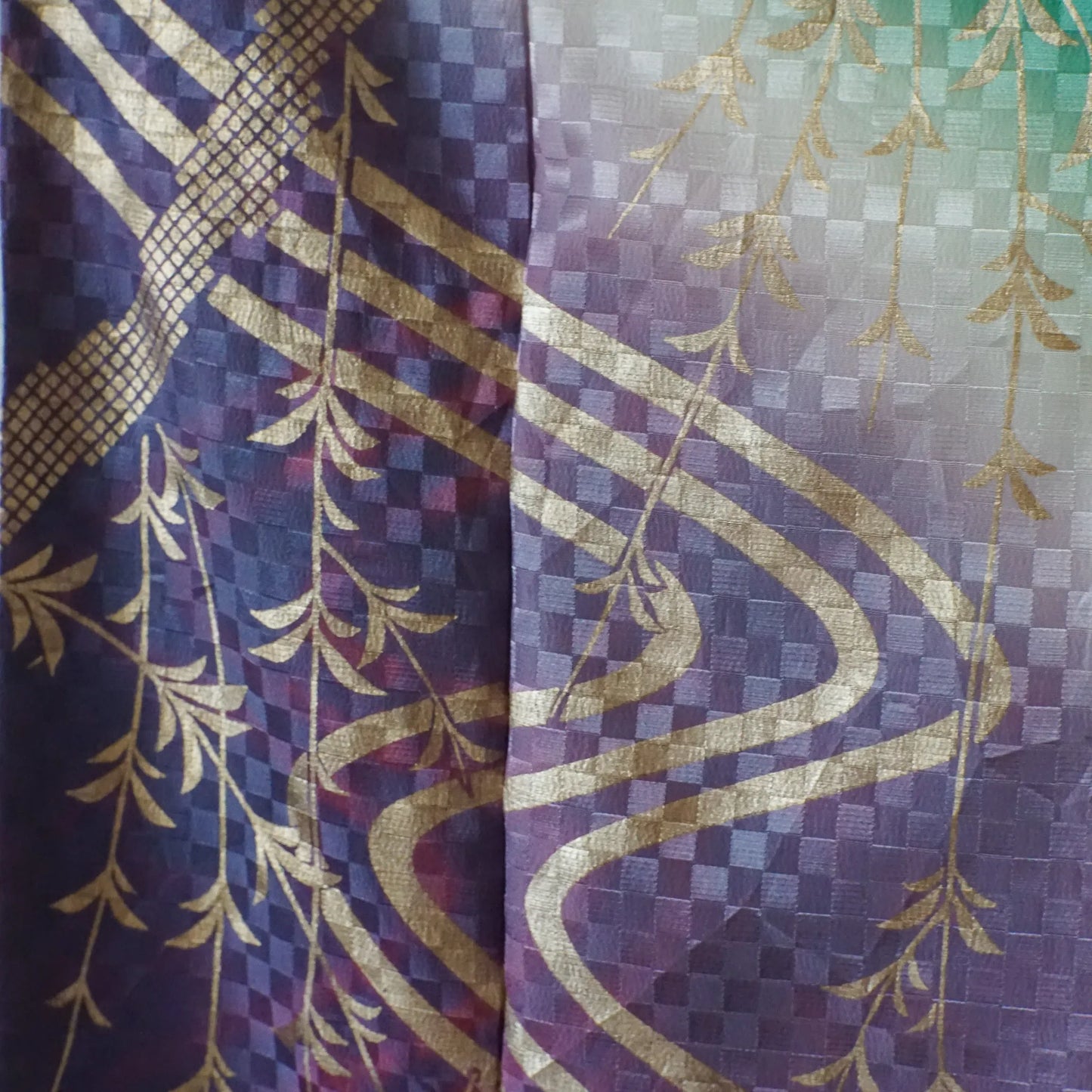 Hōmongi – Washable Kimono – Gold Willows & Bridge – Green×Purple Gradient – 153/64/53