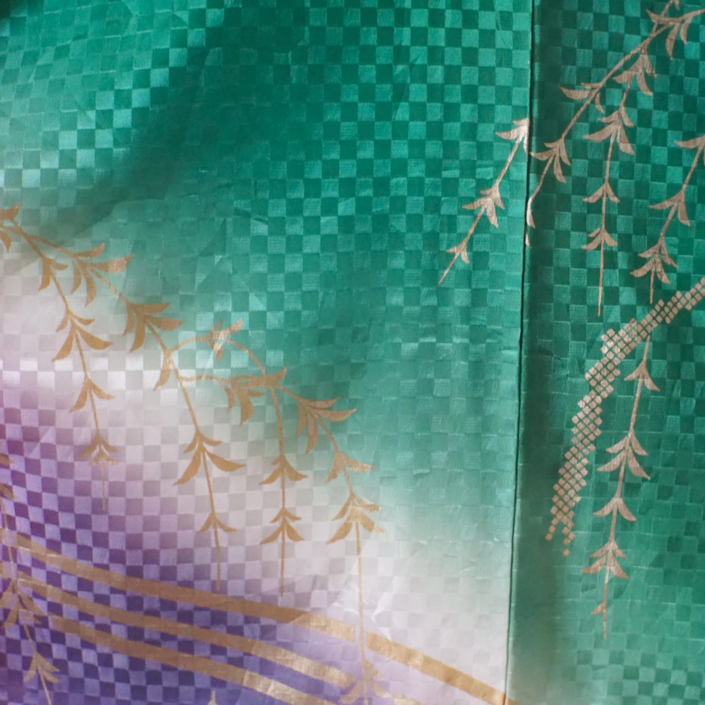 Hōmongi – Washable Kimono – Gold Willows & Bridge – Green×Purple Gradient – 153/64/53