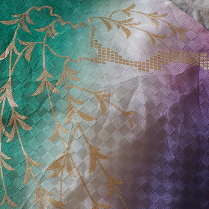 Hōmongi – Washable Kimono – Gold Willows & Bridge – Green×Purple Gradient – 153/64/53
