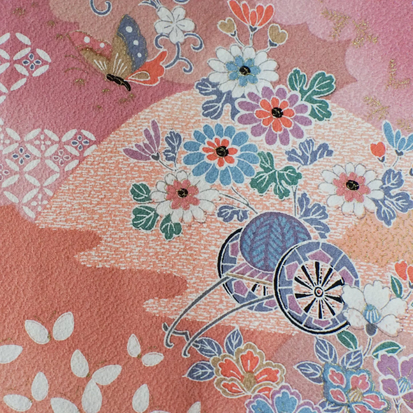 Komon (Awase) – Silk Chirimen – Peach Pink, Florals & Butterflies – 162/63/47