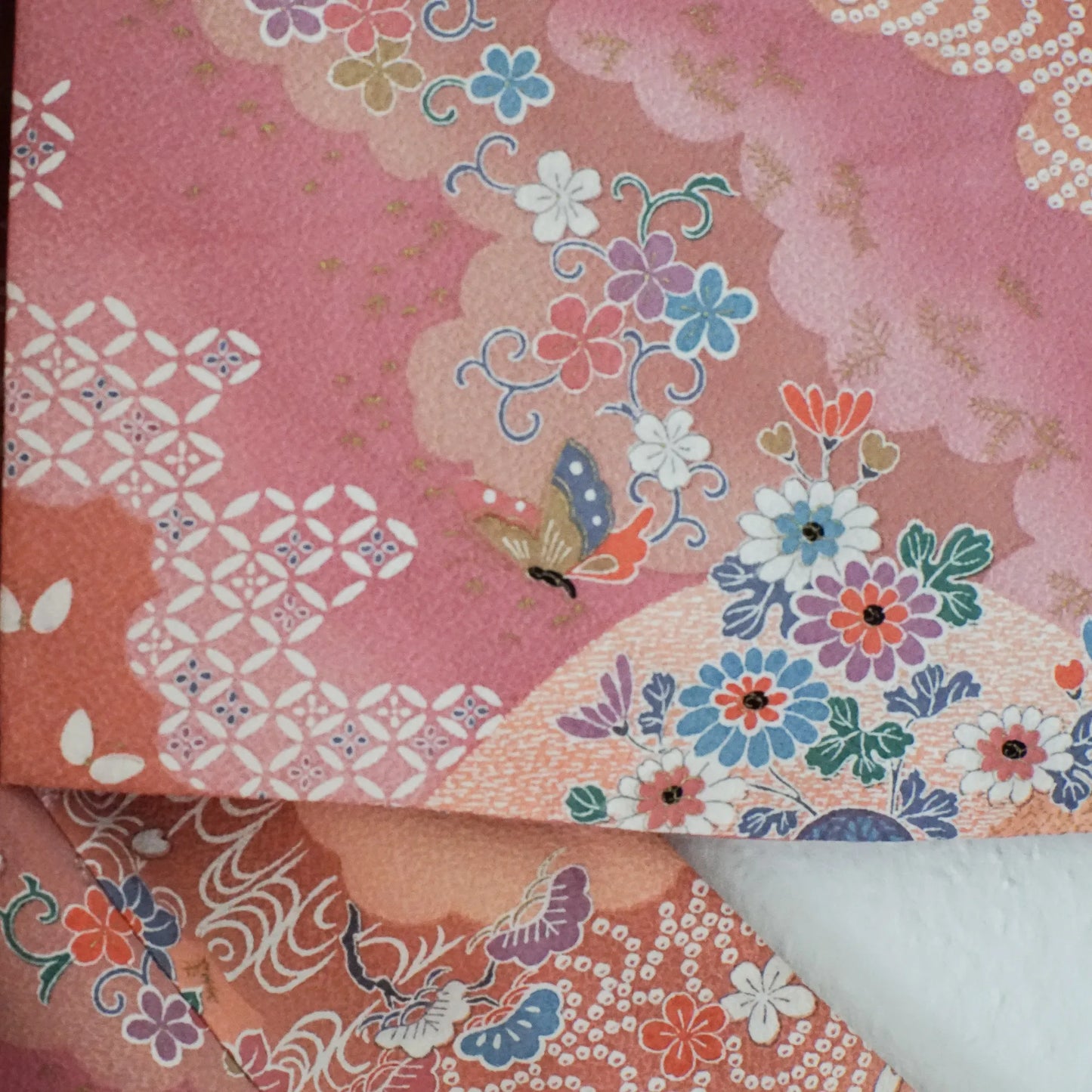 Komon (Awase) – Silk Chirimen – Peach Pink, Florals & Butterflies – 162/63/47