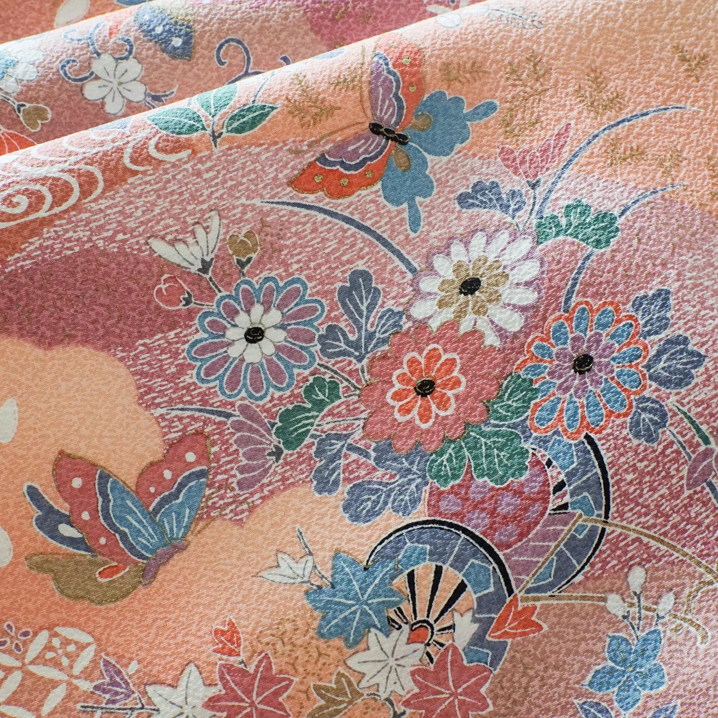 Komon (Awase) – Silk Chirimen – Peach Pink, Florals & Butterflies – 162/63/47