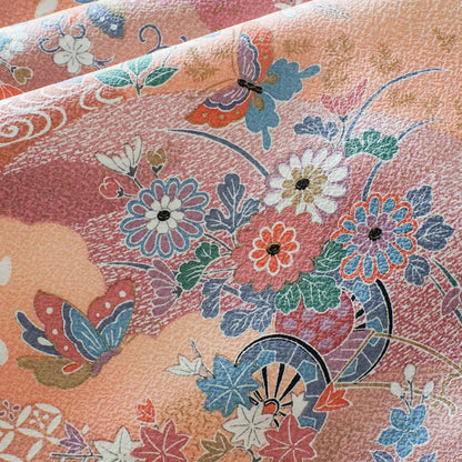 Komon (Awase) – Silk Chirimen – Peach Pink, Florals & Butterflies – 162/63/47