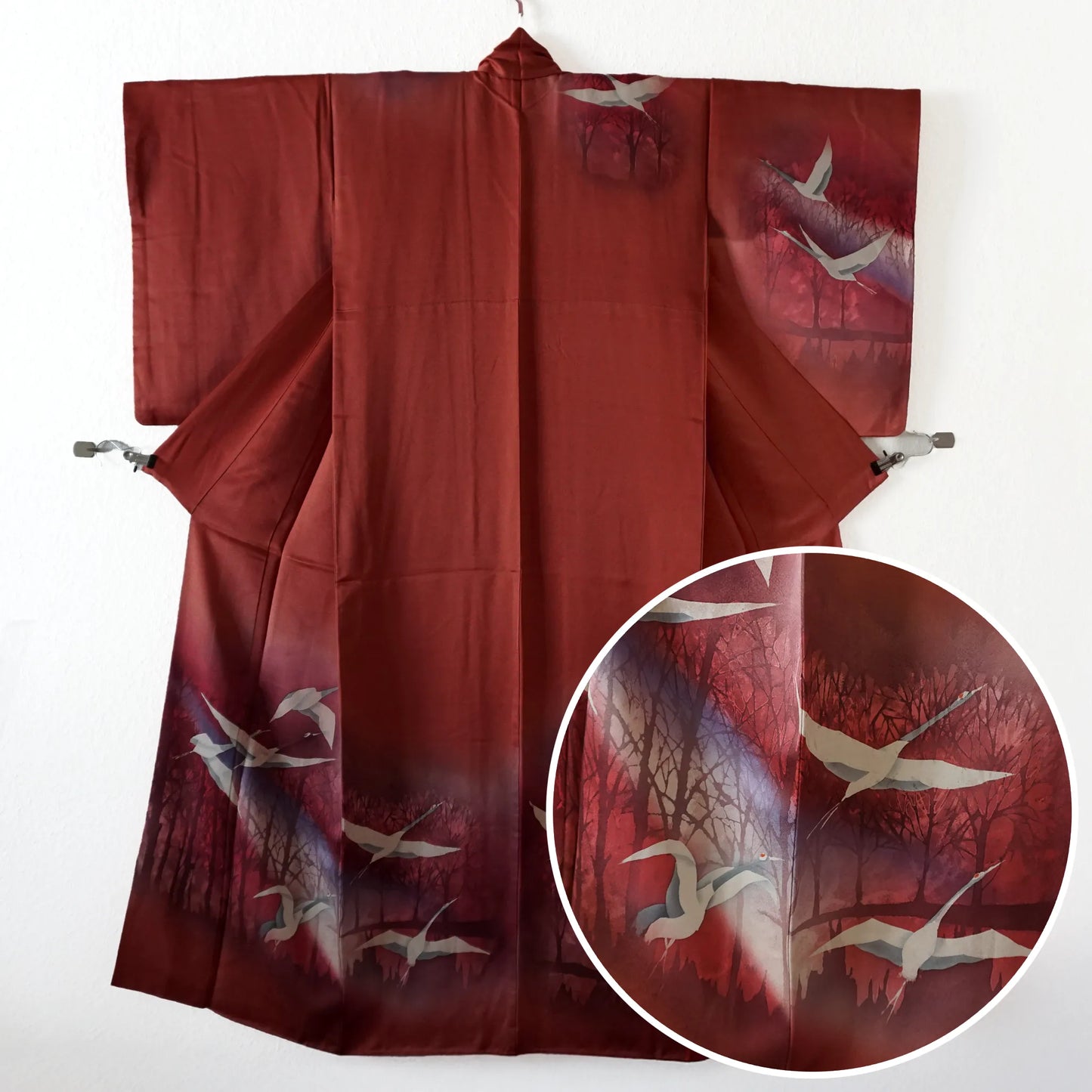 Hōmongi (Awase) – Silk – Rust Red Cranes (Yuzen) – 160/64/54