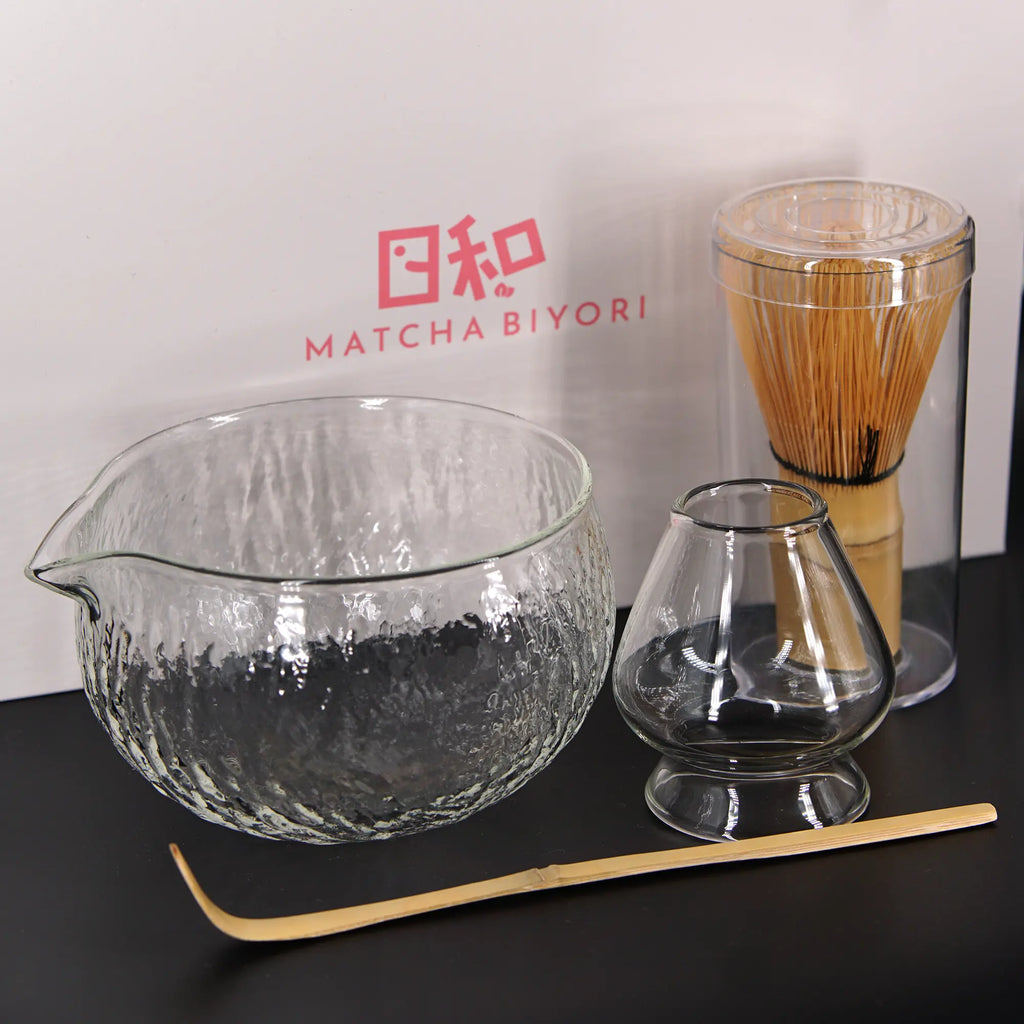FREE 30g Matcha! Matcha Starter Set – Glass Chawan, Bamboo Chasen & Chashaku, Whisk Holder