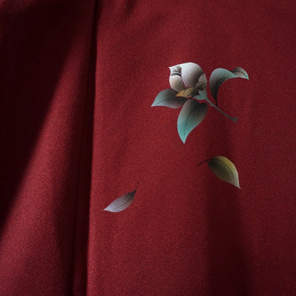 Awase Houmongi Kimono – Silk Chirimen – Burgundy Magnolias (Tall) – 176/71/48