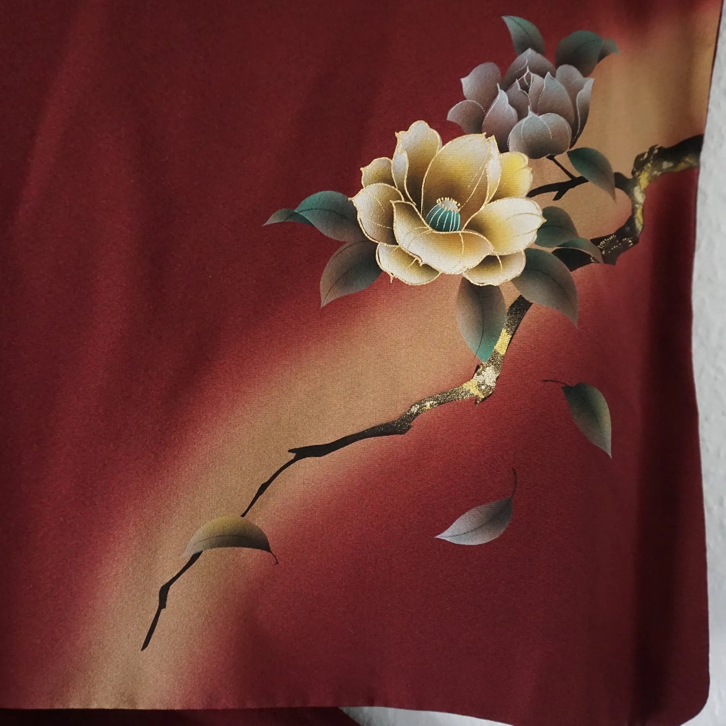 Awase Houmongi Kimono – Silk Chirimen – Burgundy Magnolias (Tall) – 176/71/48