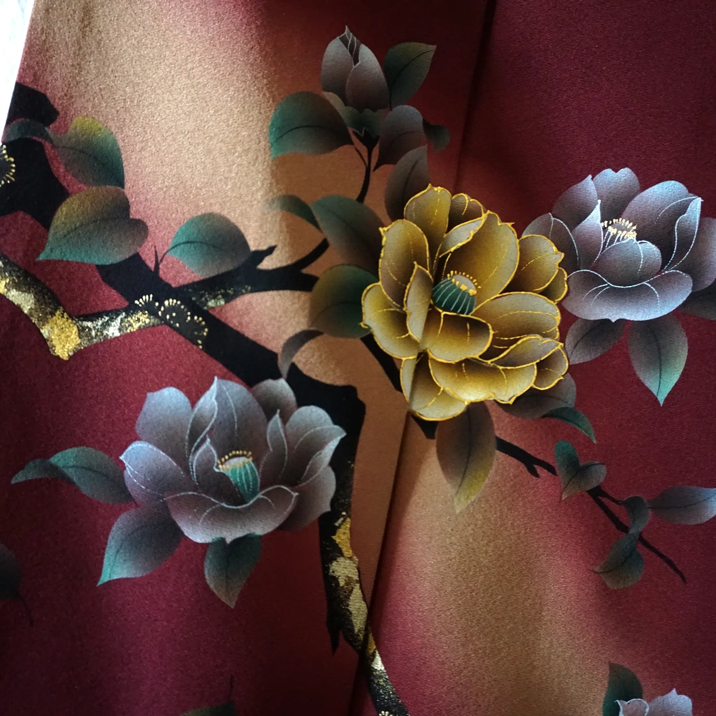 Awase Houmongi Kimono – Silk Chirimen – Burgundy Magnolias (Tall) – 176/71/48